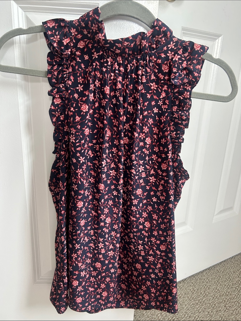 Frame Denim Navy and Pink Floral Ruffle Sleeveless Blouse